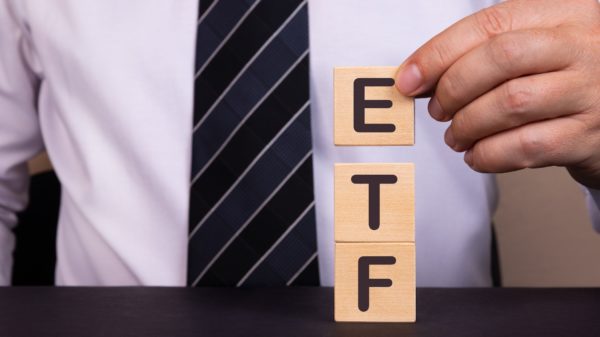 stacked wooden blocks spelling ETF