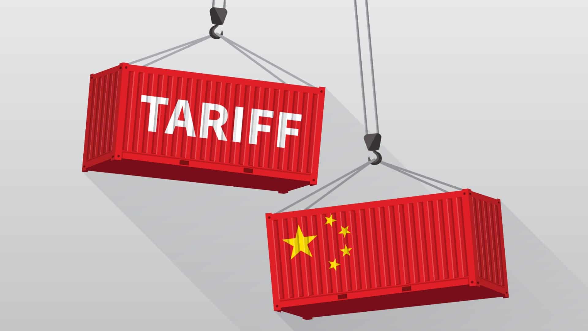 Two red shipping containers with the word 'Tariff' and Chinese flag
