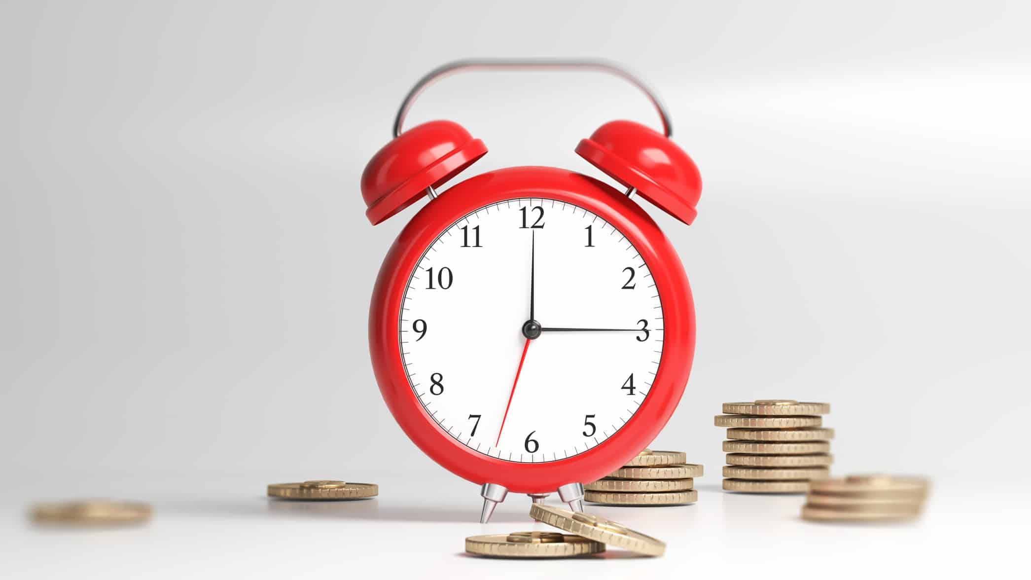 Clock with coins, long term investing, buy and hold