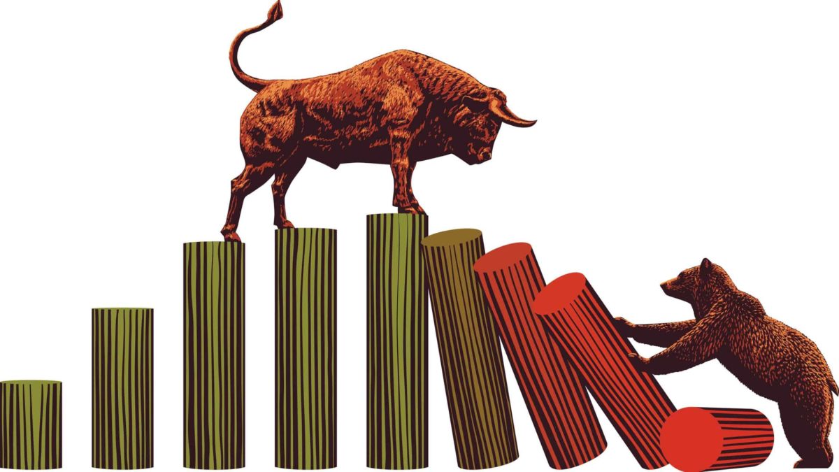 bull and bear standing on bar chart, asx 200 bull market crash