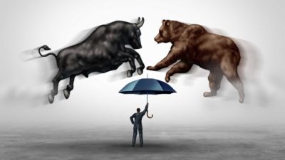 asx share price represented by bear and bull colliding over man holding an umbrella