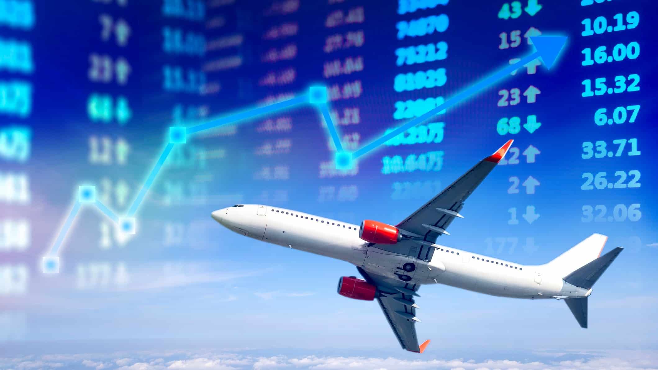 plane flying across share markey graph, asx 200 travel shares, qantas share price