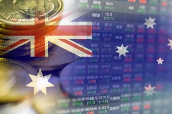 australian flag superimposed over share market chart