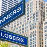 ASX shares buy Street signs stating 'Winners' and 'Losers' in front of urban backdrop