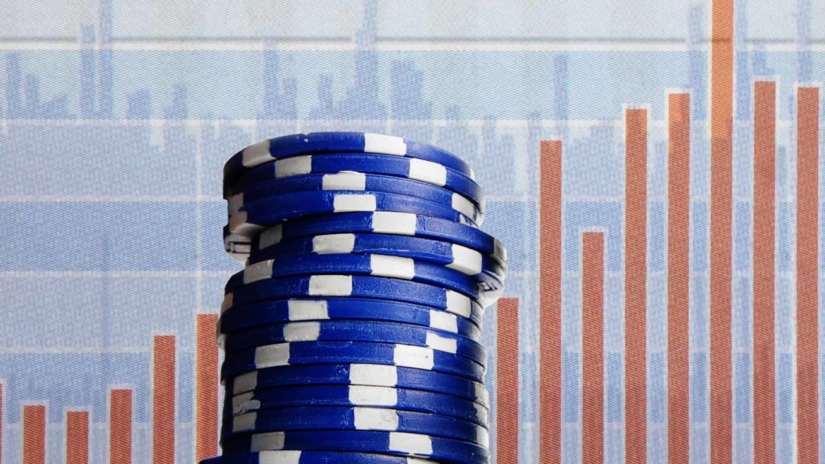 asx blue chip shares represented by pile of blue casino chips in front of bar graph