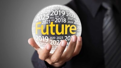 Business man holding a crystal ball containing the word future