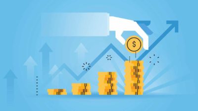 Illustration of growing pile of gold coins and a share market chart