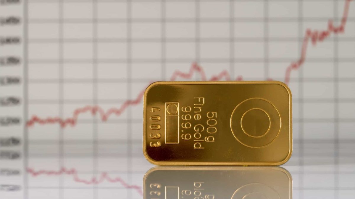Gold bar in front of gold price chart