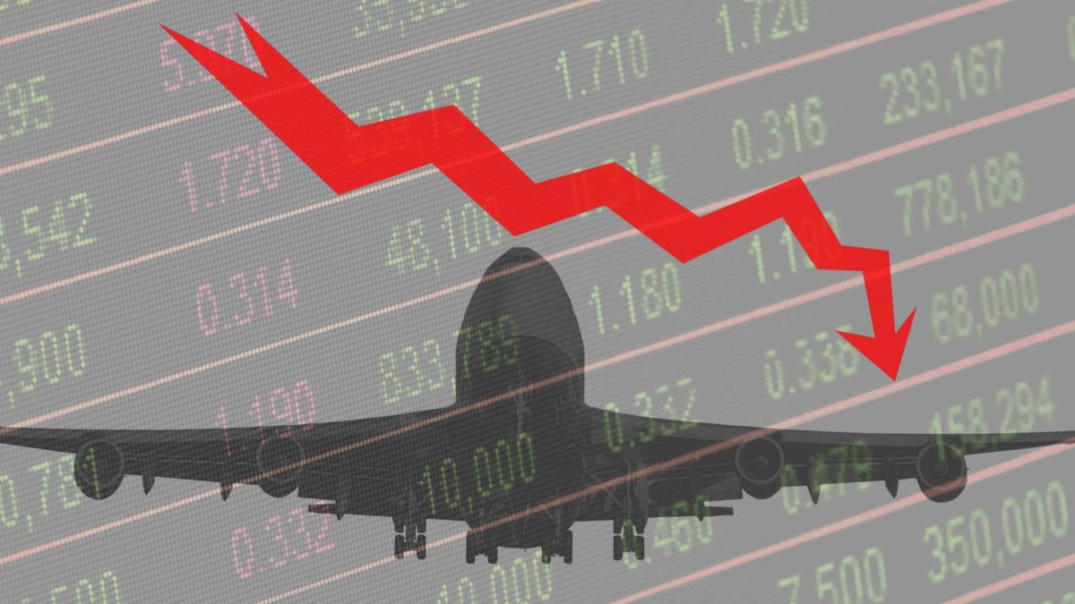 outline of a Qantas plane against backdrop of share price chart