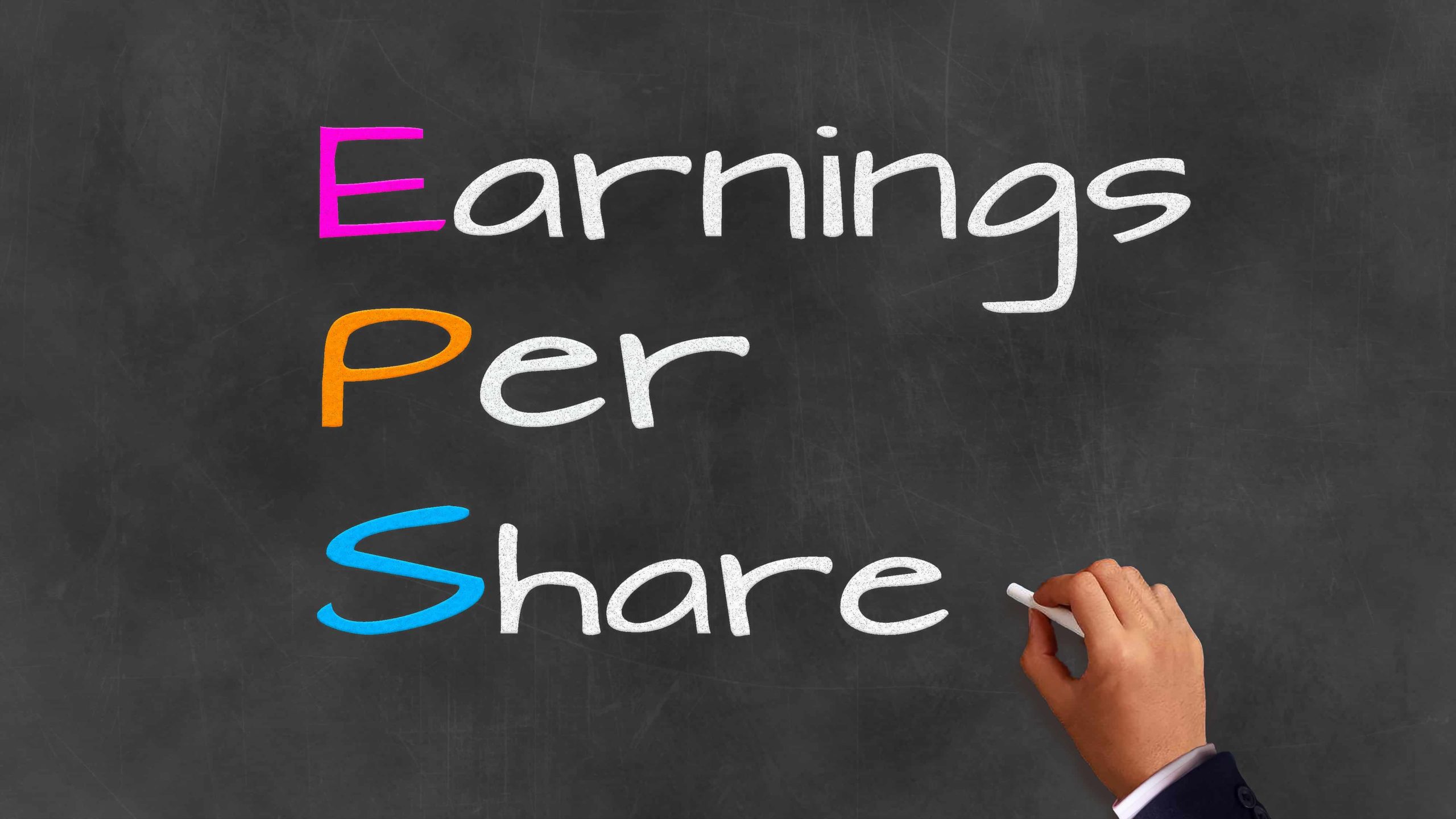 Acronym and coprate sayings on chalkboard - "E.P.S" Earnings Per Share