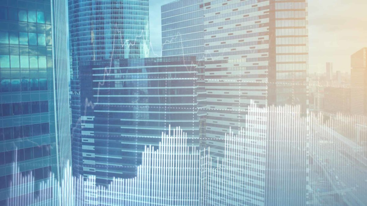 A photo of high rise offices with share market graphic overlaid