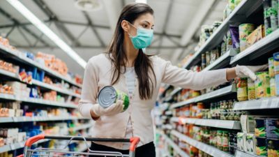 A woman wearing a facemask pushes a shopping trolley in a supermarket, indicating COVID-19 impacts on the share price
