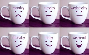 6 mugs with days of the week and moods