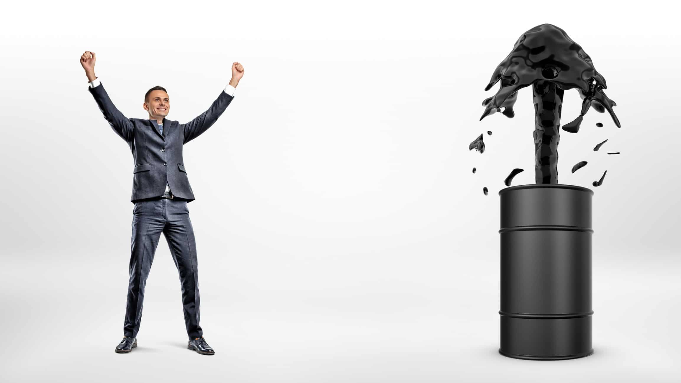 rising asx oil share price buy represented by business man celebrating next to oil barrel erupting with up arrow