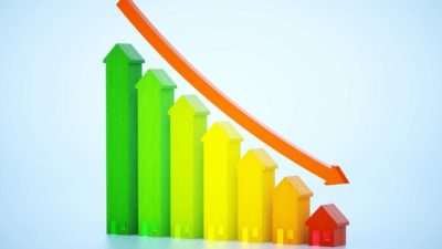 falling bar graph representing house prices and asx share price