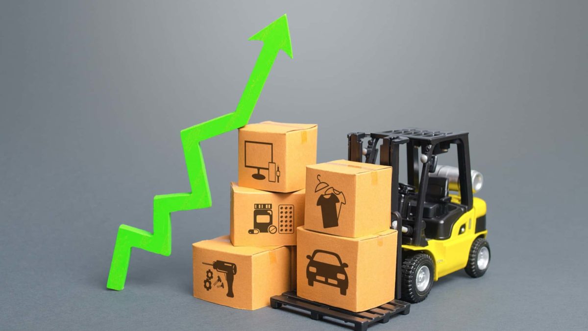 forklift holding boxes next to upward trending arrow signifying share price lift