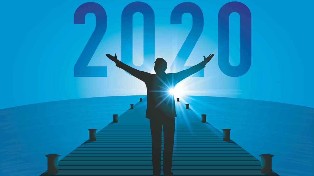 stylised illustration of man's silhouette with arms out spread on a jetty looking towards the digits 2020
