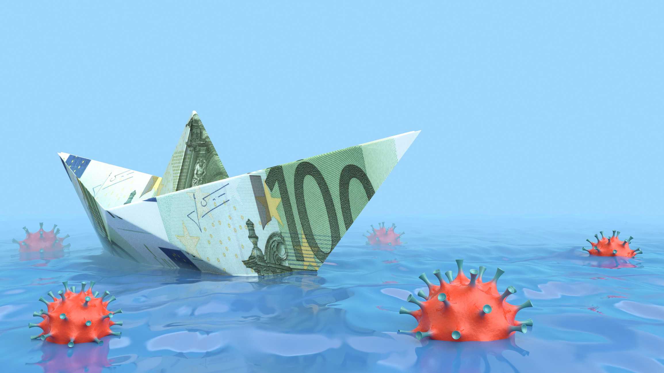 ASX shares and ETF representing by paper boat made from one hundred dollar note floating on sea containing covid bugs