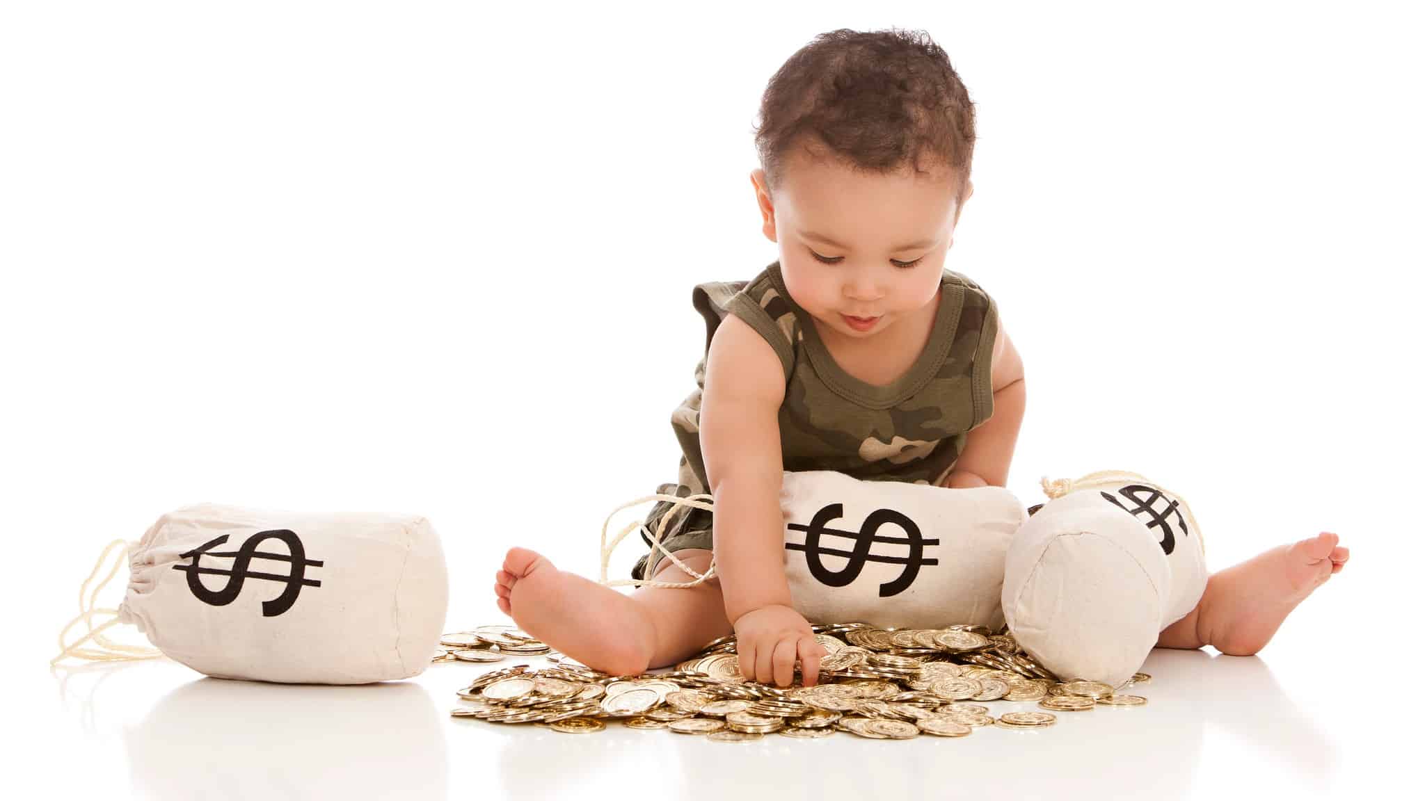 asx shares beginner investor represented by baby playing with gold coins and bags of money