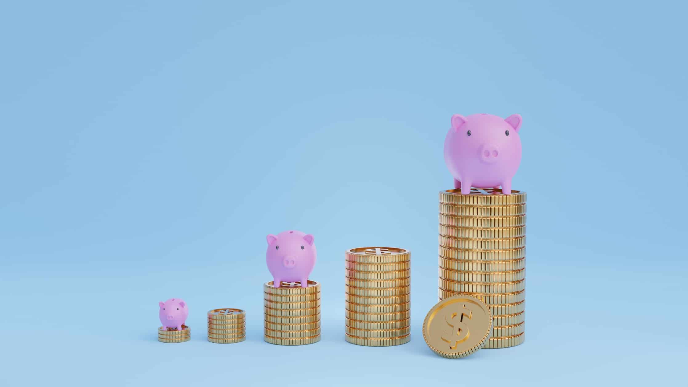 piles of coins increasing in height with miniature piggy banks on top
