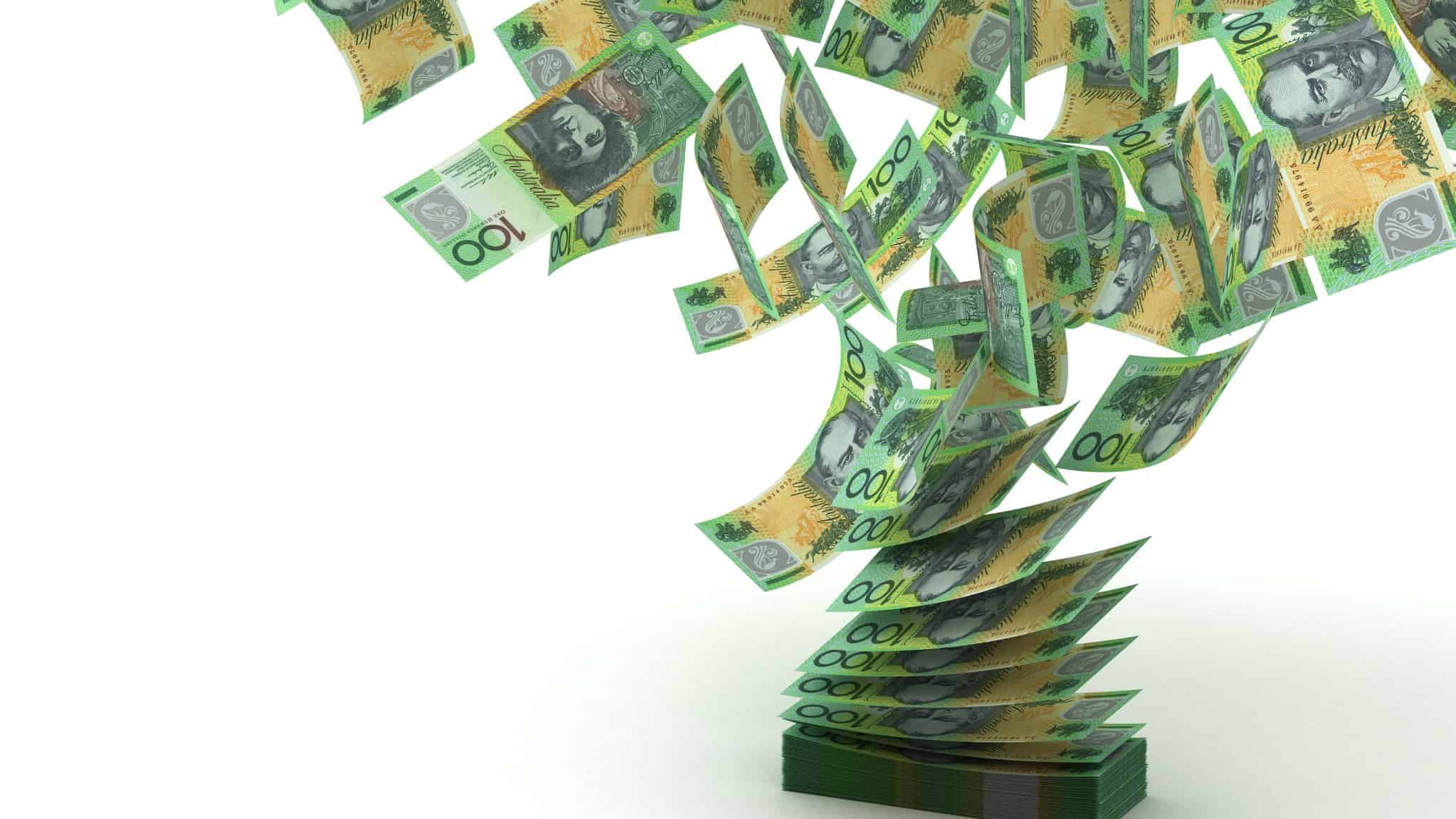 rise in asx share price represented by one hundred dollar notes flying freely through the air