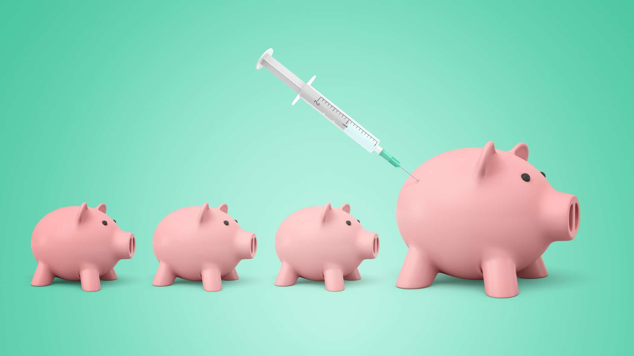 row of piggy banks with large one receiving injection representing rising Immutep share price