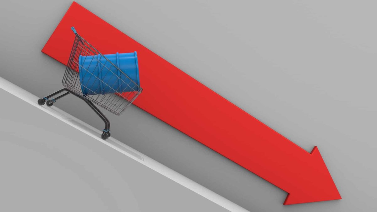 barrel of oil in a shopping trolley sliding down red arrow representing OPEC+ split ASX energy stocks