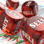 ASX 200 bank share trading depicted by red buy and sell dice tumbling across a sheet of data in colourful graphics