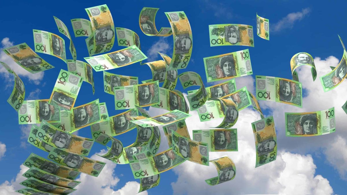 one hundred dollar notes floating around in the sky representing falling sky share price