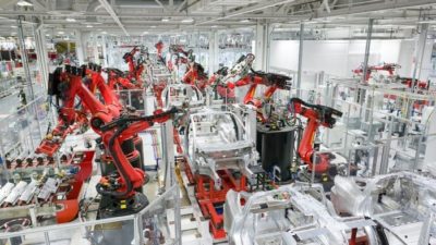 Electric vehicle production at Tesla's factory in Fremont, California.