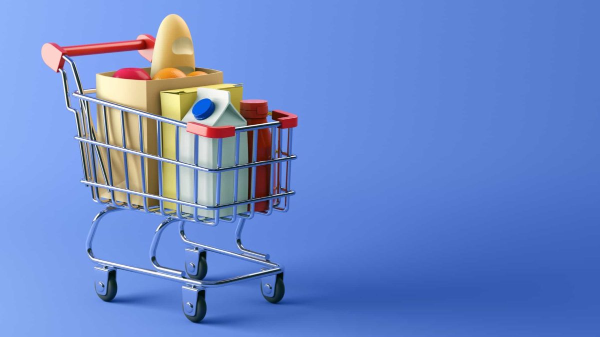 asx consumer staple shares represented by shopping trolley filled with essential grocery items