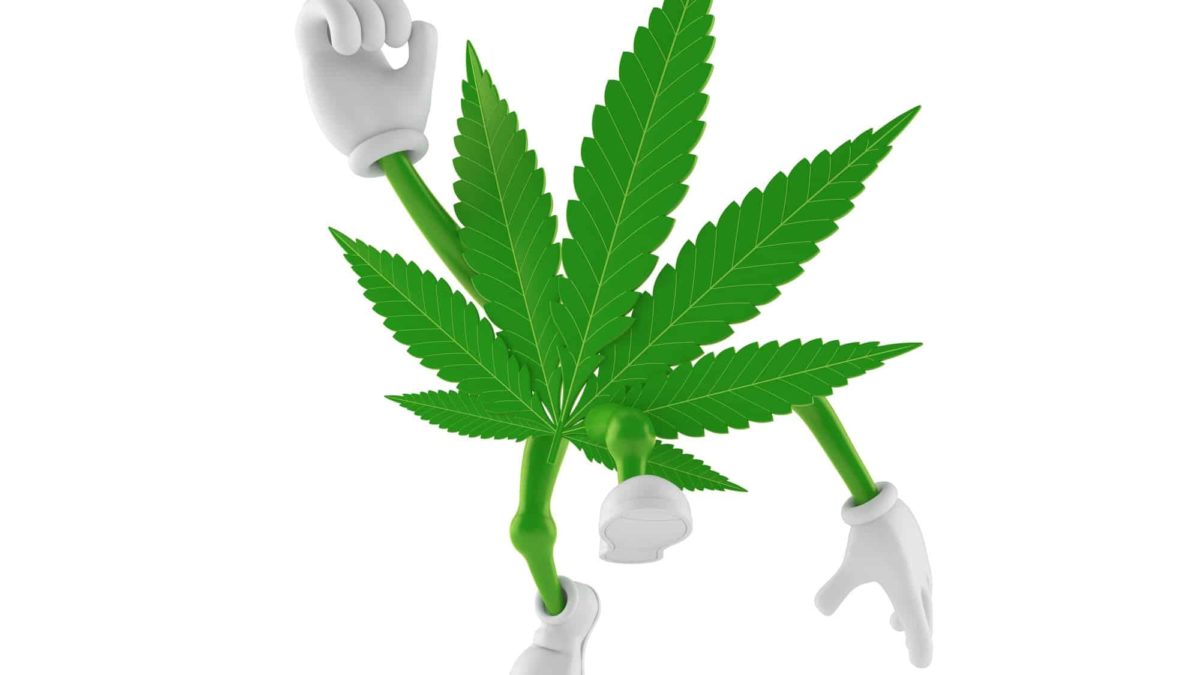 little green pharma share price represented by cannabis leaf character jumping cheerfully