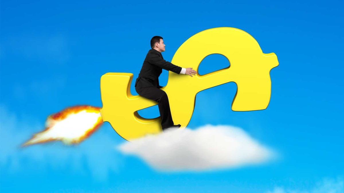 rocketing asx share price represented by man riding golden dollar sign speeding through clouds