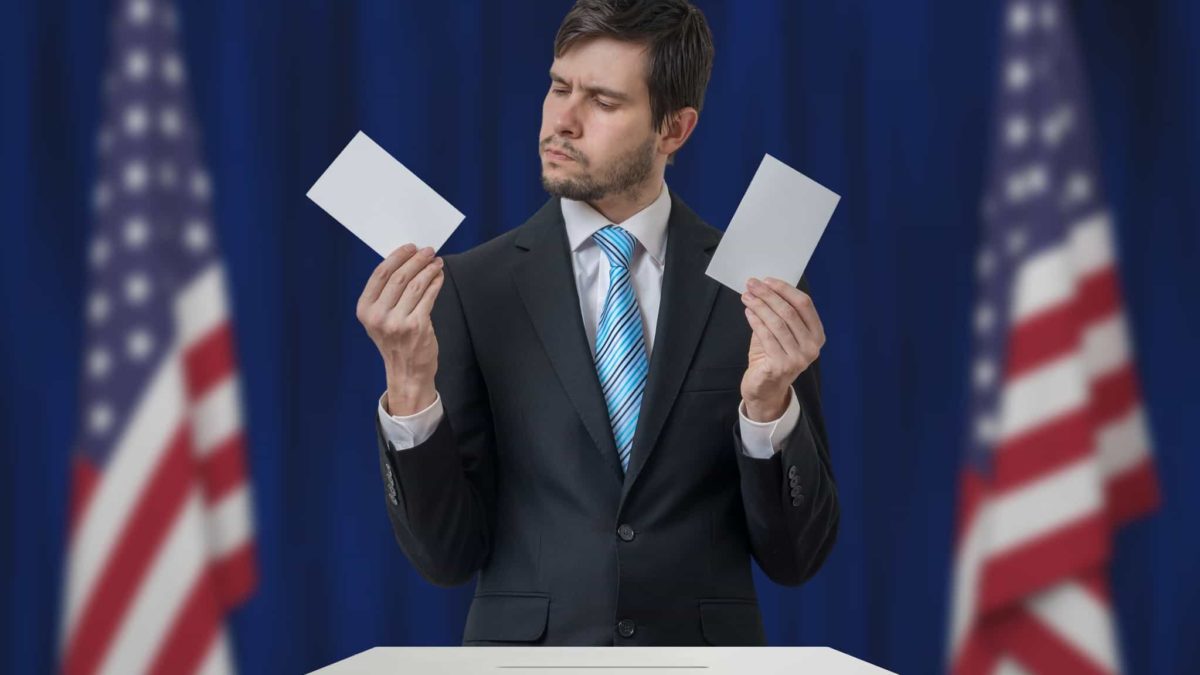 which shares to buy for US election represented by voter looking confused holding card in each hand