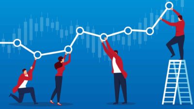 Illustration of men and women pushing share price graph up