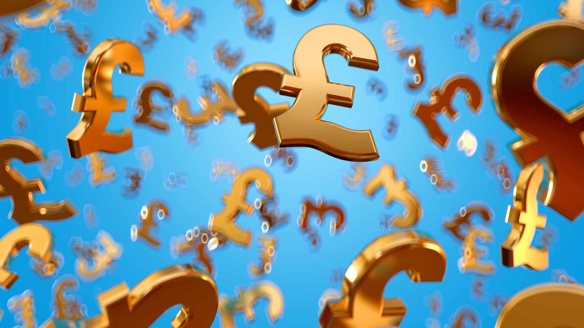 rising UK money represented by gold pounds sterling symbols floating high in the sky