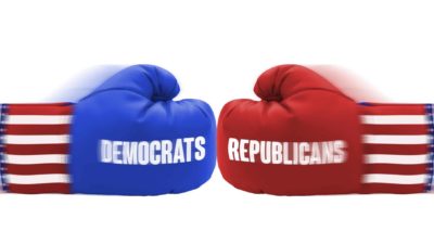 asx shares and united states election represented by red and blue boxing gloves meeting in punch