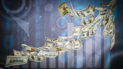 rising US stock price represented by US dollars flying in front of stock chart