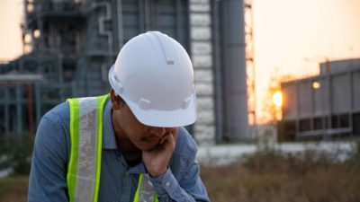 falling infrastructure asx share price represented by disheartened looking builder on work site