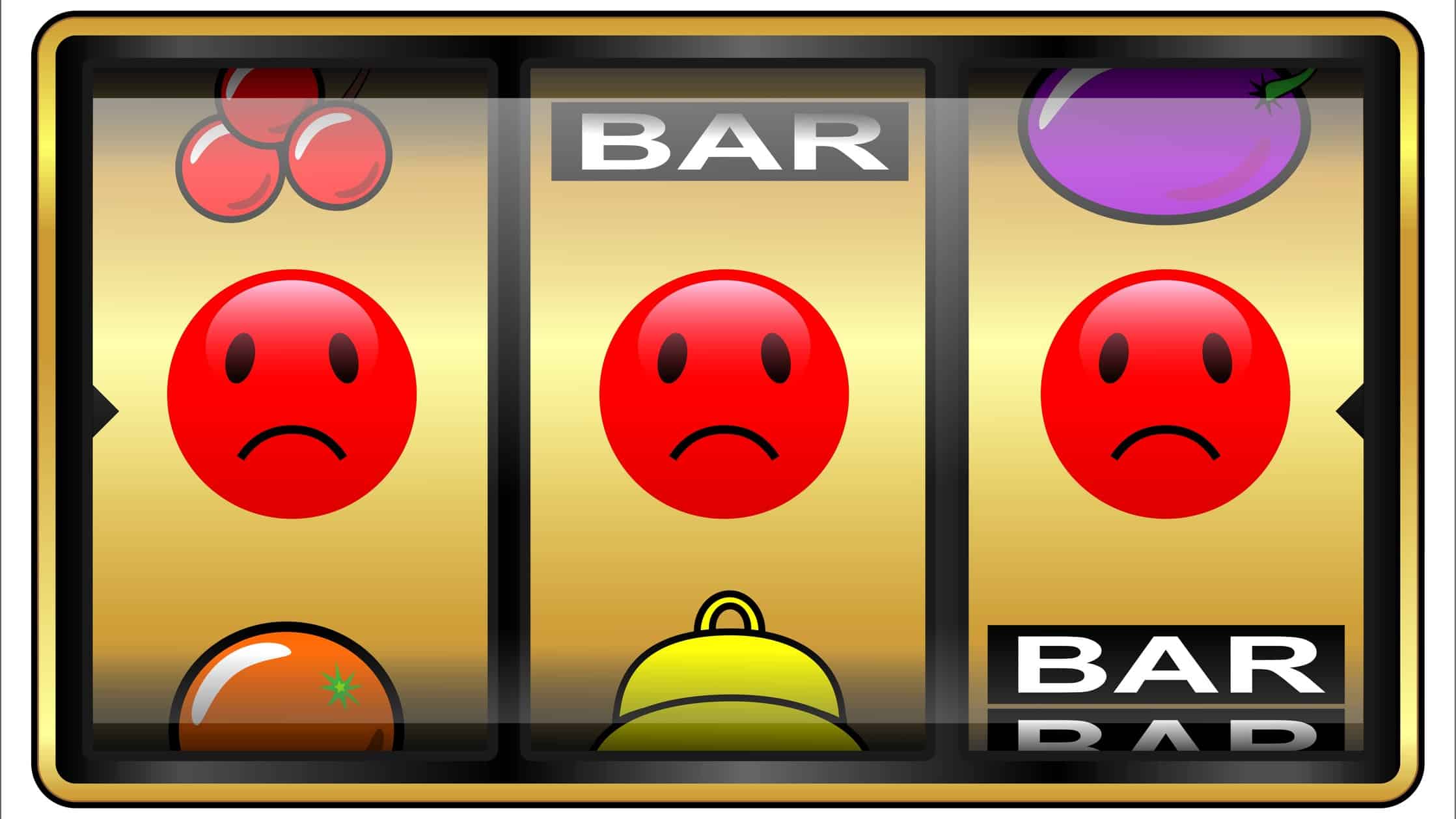 A slot machine with a row of red, sad faces, indicating a drop in the share price for gaming companies