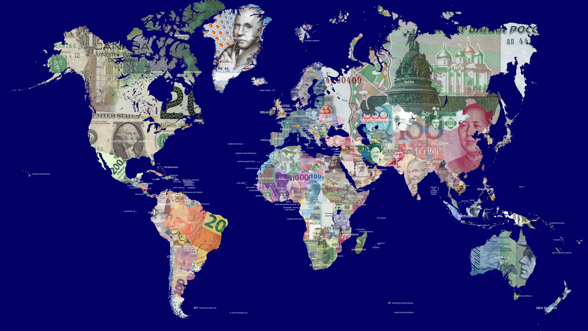 where to invest represented by world map covered in international currencies