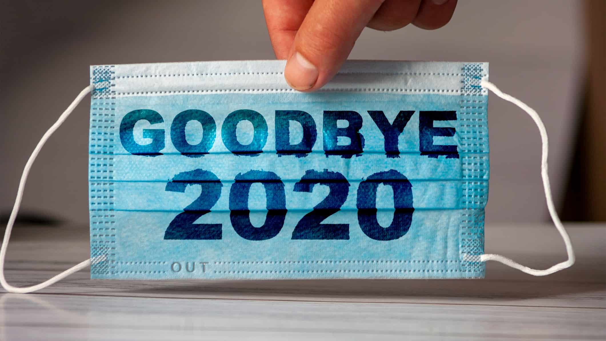Blue face mask with 'Goodbye 2020' written on it