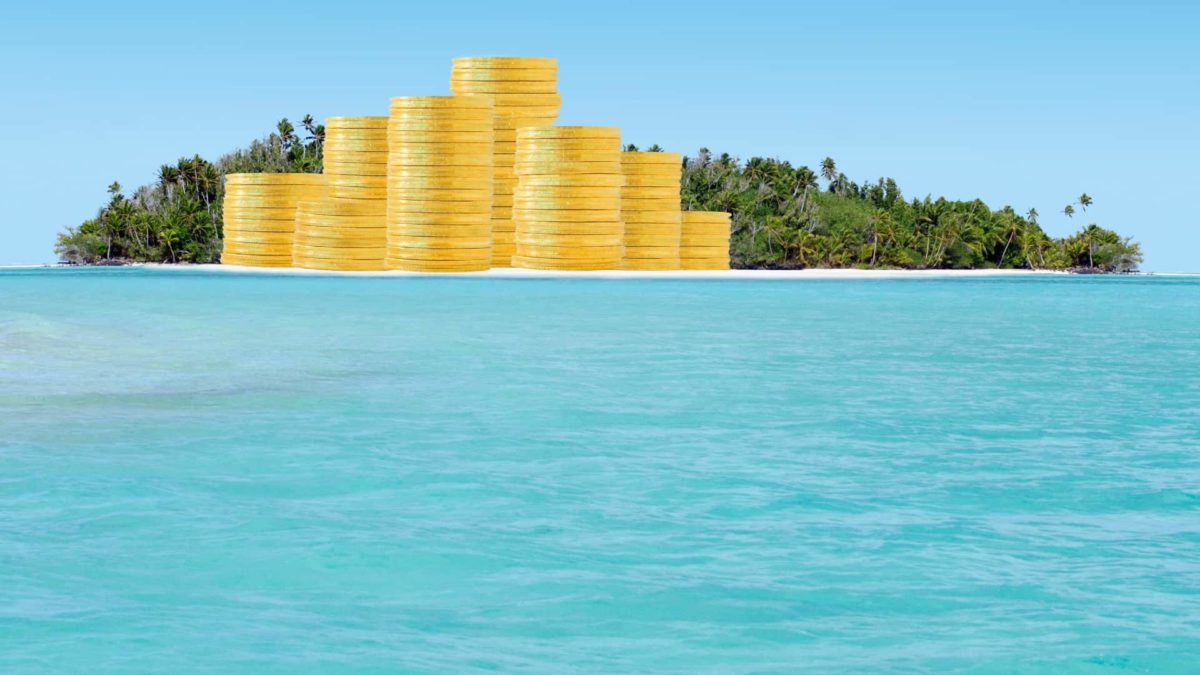 sale of asx share business represented by piles of cash sitting on pacific island