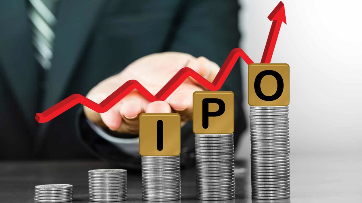 pile of coins and the letters IPO with a red arrow going up, indicating newly listed shares price gains