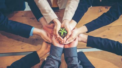 A circle of hands from business leads cupping a green leaf in soil, indicating ASX companies embracing the concept of ESG and sustainable business practices