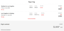 Qantas website showing a flight between Sydney and Los Angeles.