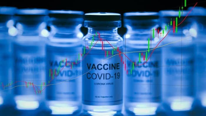 covid vaccine stocks represented by row of vials labelled covid vaccine