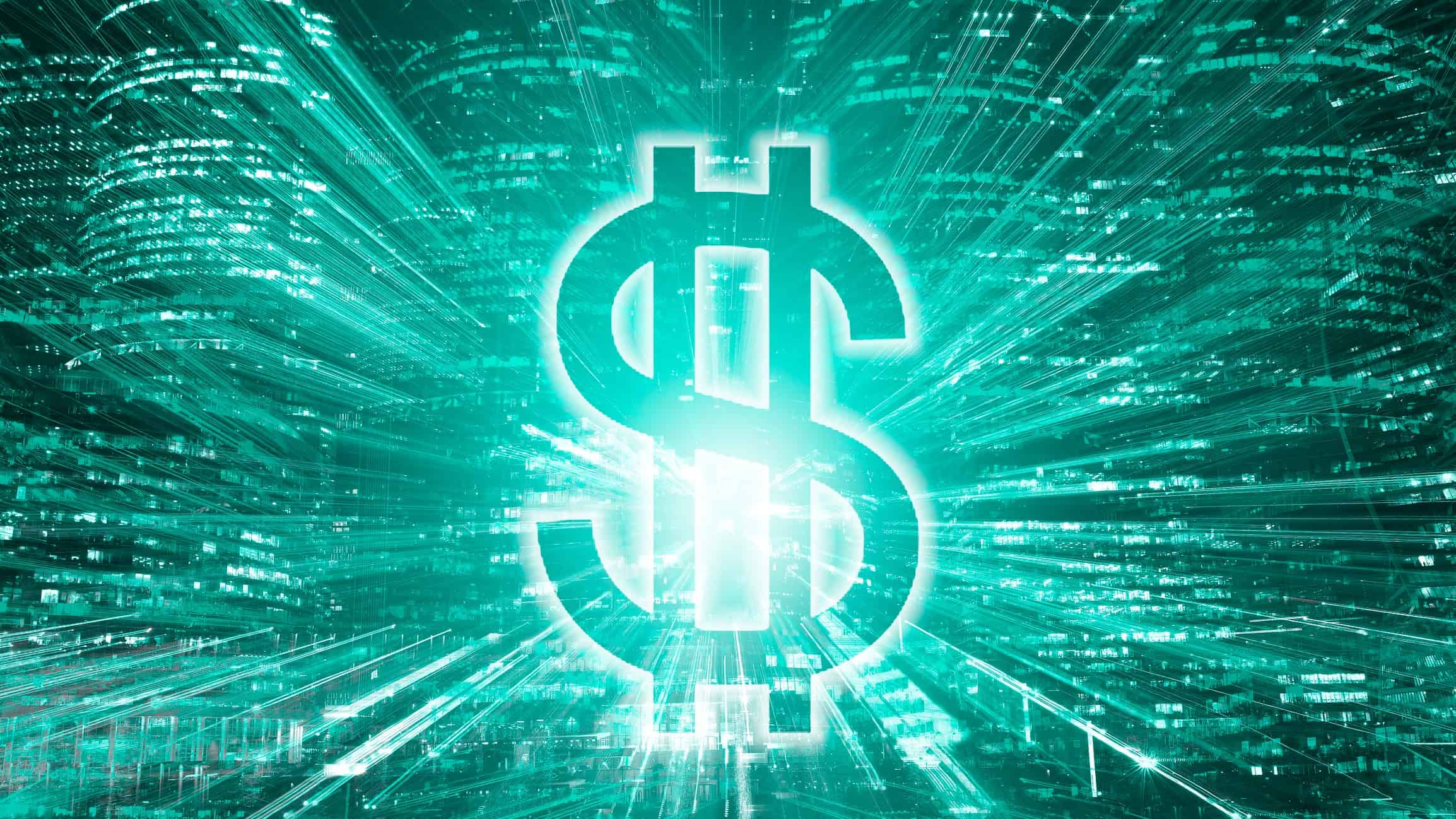 A bright dollar sign with lights shining on it, indicating a rising dollar and positive share price movement