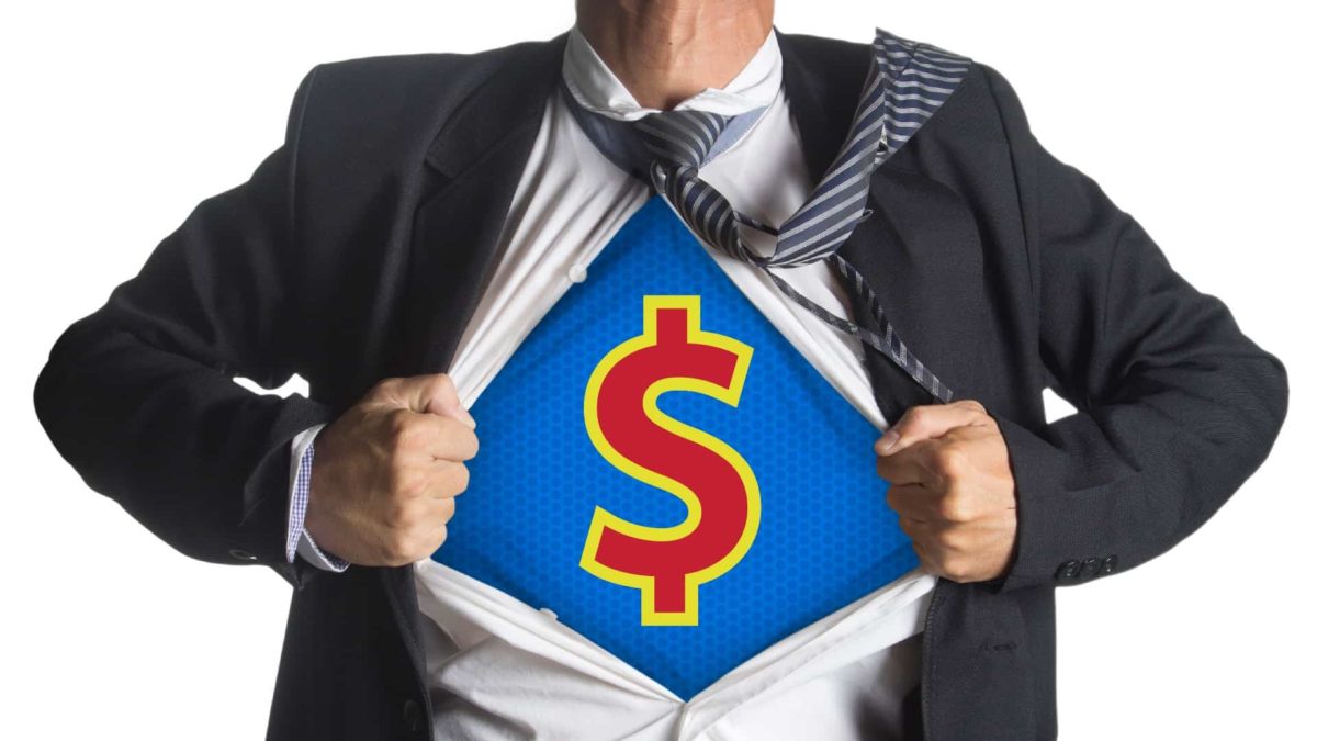 RIO BHP Profit upgrade A business man open his shirt to reveal a superhero style $ on his chest, indicating a strong ASX share price