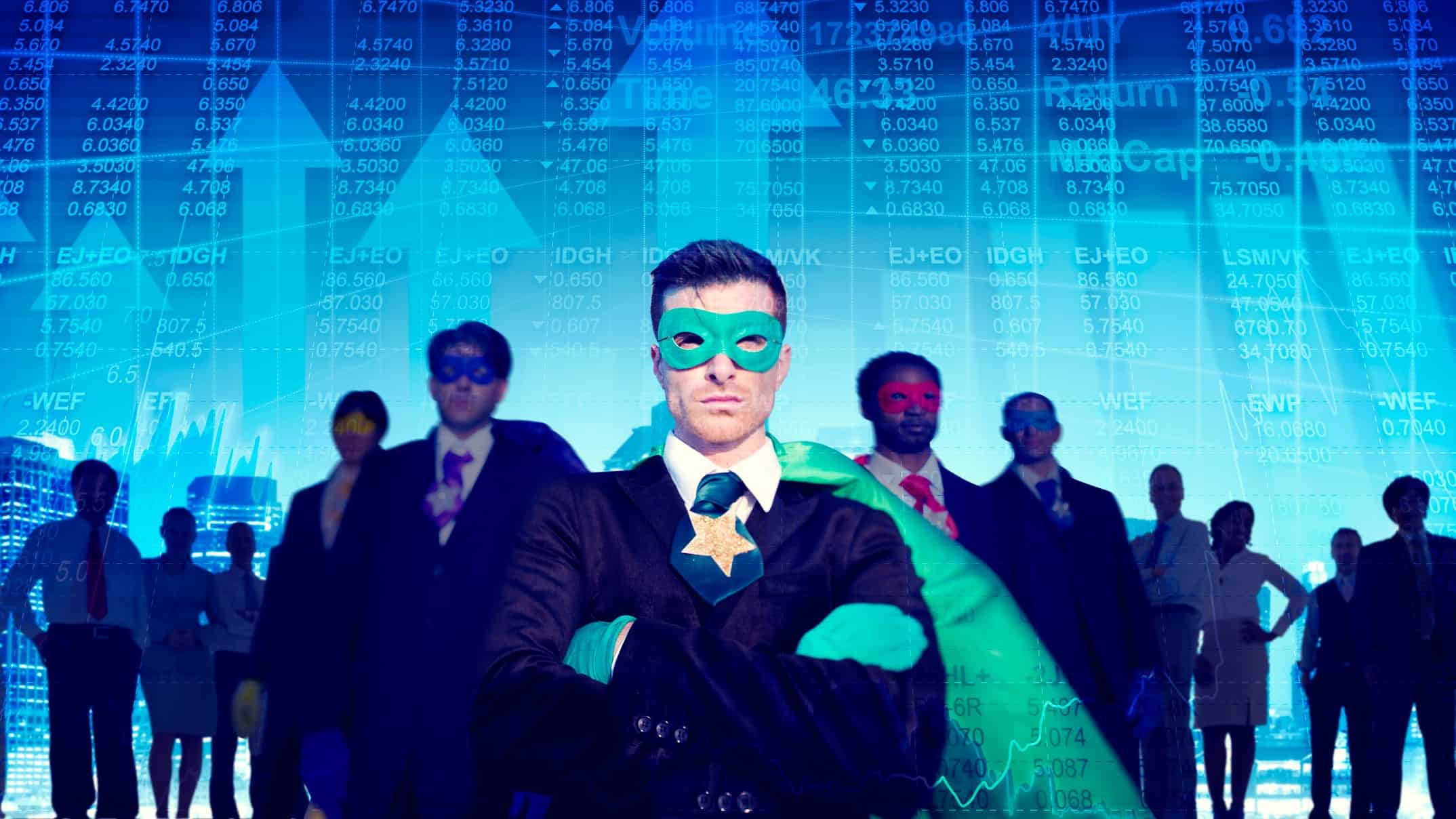 Heroes in masks and capes stand before the ASX share market, ready to save the day